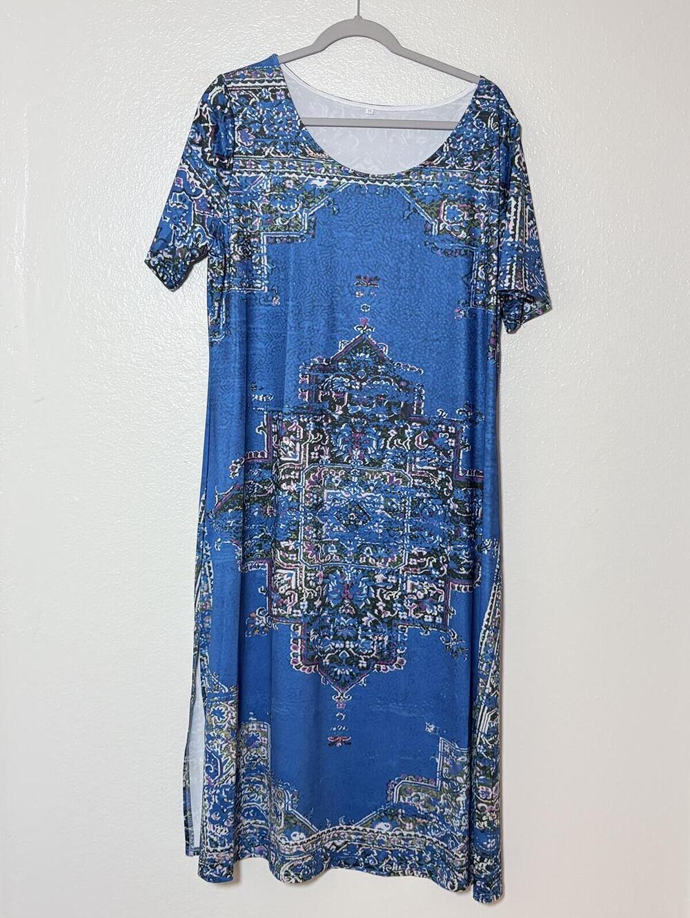 Blue Medallion Tapestry Print T-Shirt Dress Short Sleeve Midi Size 2XL